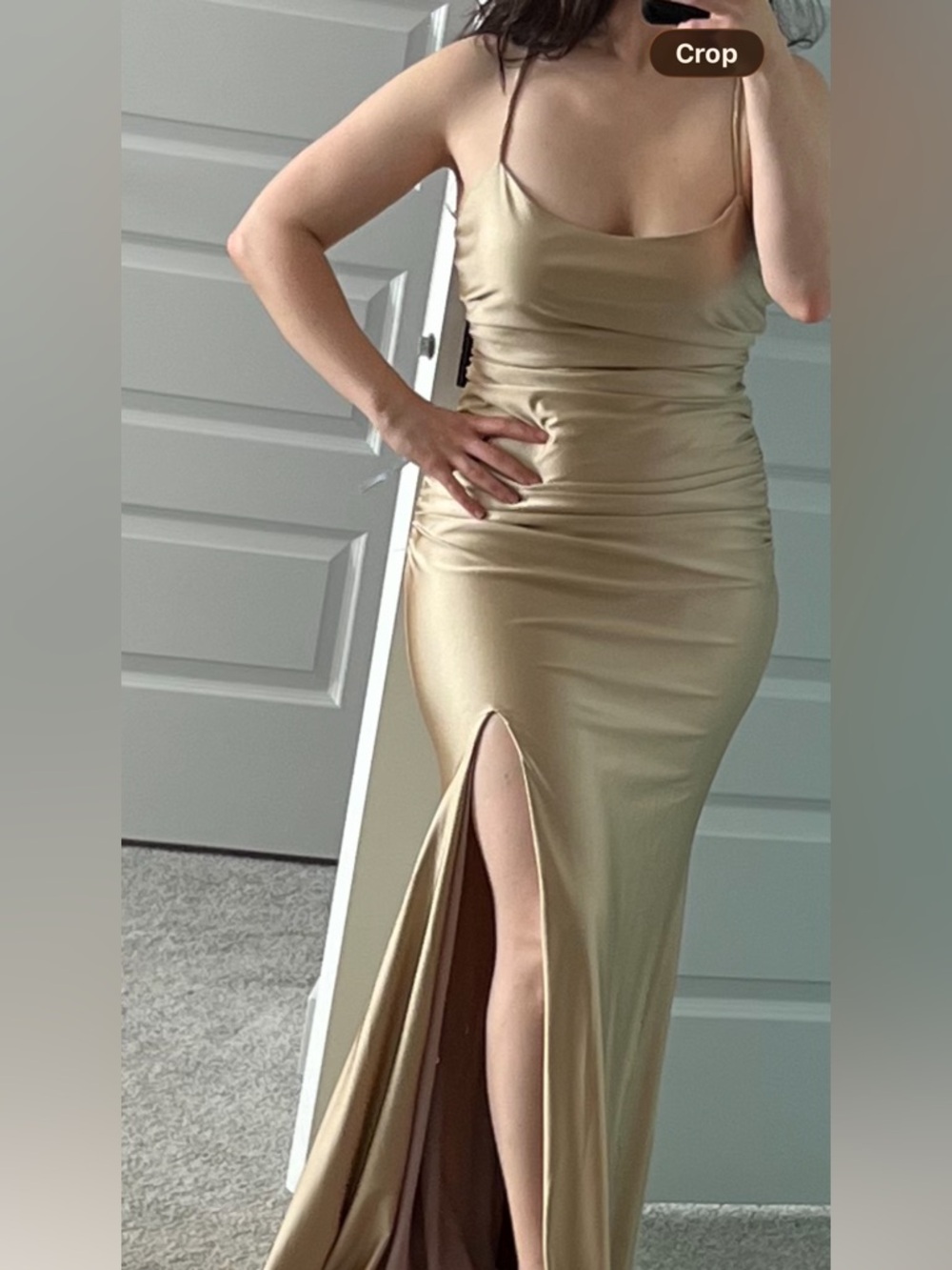 Elegant Champagne Satin Ruched Slip Dress with Thigh Slit and Low Corset Back